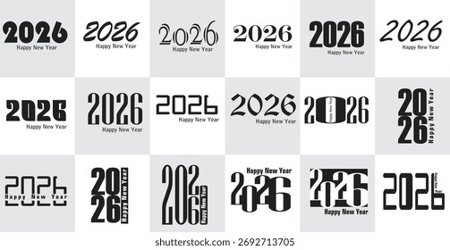 2026 año nuevo conjunto logotipo colección, logotipo de año nuevo, 2026 logotipo de Vector, Año calendario, 2026 cartel y volante 2026 símbolos, blanco y negro