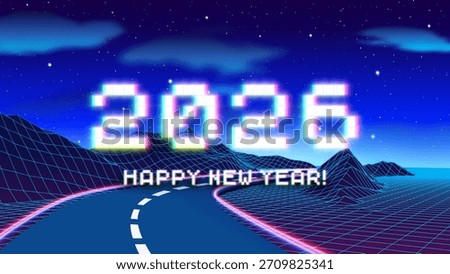 2026 New Year sign with glitched glowing pixels and road in 80s styled grid mountains. Winter holiday and year change symbol.