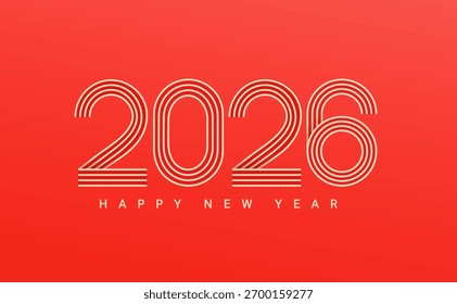 Anuncio rojo simple del año Nuevo 2026 con números lineales y deseando el texto feliz de las vacaciones. Plantilla elegante para la tarjeta de felicitación, la invitación, el cartel, el volante, el Web. Diseño del Vector de Premium para el año Nuevo y Navidades