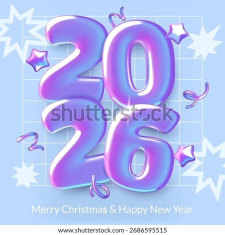 2026 New Year square poster with 3d metallic gradient numbers, stars and ribbons on blue background with abstract fireworks. Vector illustration.
