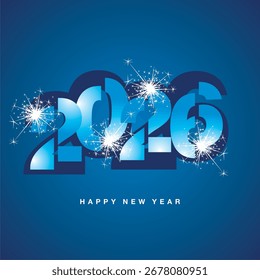 2026 año nuevo diseño de número de plantilla diseño de tipografía brillante azul claro con fuegos artificiales brillantes. 2026 saludos de logotipo de icono de año nuevo sobre fondo aislado azul
