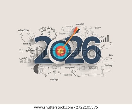 2026 new year target audience concept, Creative thinking drawing charts and graphs business success strategy plan idea on target dart with arrow, Vector illustration modern layout template