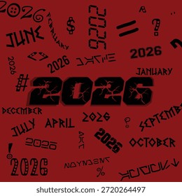 2026 Projeto de tipografia de Ano Novo: fundo vermelho abstrato com meses e ano Texto