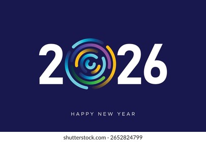  2026 New Year typography or logo with colorful technology rings or fireworks, happy new year festive graphics or banner with dark background