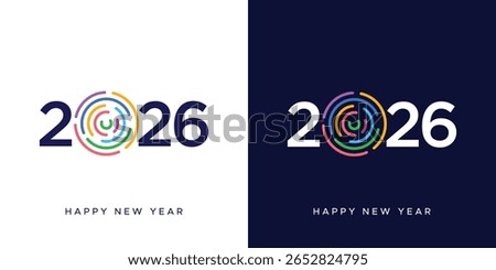  2026 New Year typography or logo with colorful technology rings or fireworks, happy new year festive graphics or banner with dark background