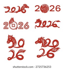 2026 New Year typography set with horse symbol. Vector red number calligraphy for Chinese zodiac festival greeting card