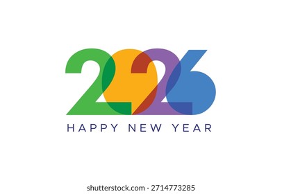 Vector de año Nuevo 2026 con dígitos o números coloridos superpuestos en verde, naranja, púrpura y azul sobre fondo blanco 2026 tipografía de año nuevo o diseño de logotipo