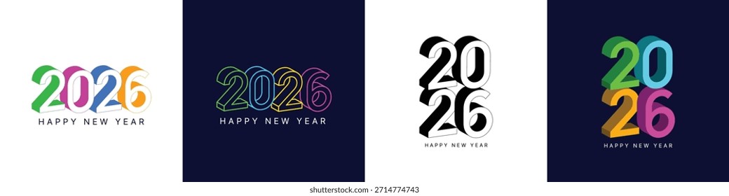 Cartel de Vector del año Nuevo 2026 o publicación de redes sociales con cuatro estilos únicos de tipografía 3D en coloridas variaciones gráficas de tipografía de año nuevo, neón, 3D y audaces