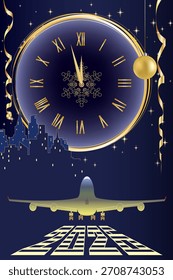 2026 New Year's card. the clock shows the onset of the new year. The plane takes off in the new year, golden balls. gold serpentine. clocks, decorative holiday decorations.