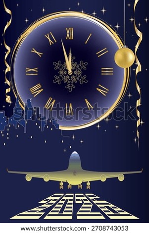 2026 New Year's card. the clock shows the onset of the new year. The plane takes off in the new year, golden balls. gold serpentine. clocks, decorative holiday decorations.