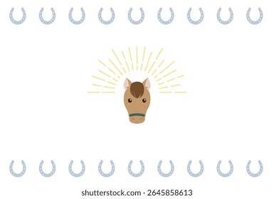 2026 New Year's card design with a horse's face and horseshoe lines.