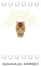 2026 New Year's card design with a horse's face and horseshoe lines.