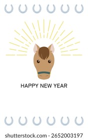 2026 New Year's card design with a horse's face and horseshoe lines.