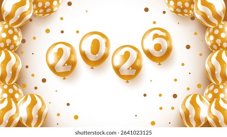 2026 new year's card with golden balloons. great for 2026 new year banner, greeting card, poster, head calender