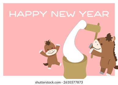 2026 New Year's card horizontal writing, rice cake pounding with horse parents and children