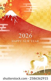 2026 New Year's card with watercolor Mount Fuji, horse and first sunrise.

Translation:kinga-shinnen(Japanese new year words)
Kotoshi-mo-yoroshiku(May this year be a great one)