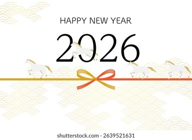 2026 New Year's greeting card, white horses running and Mizuhiki, New Year's postcard material, Vector Illustration