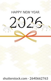 2026 New Year's greeting card, white horses running and Mizuhiki, New Year's postcard material, Vector Illustration