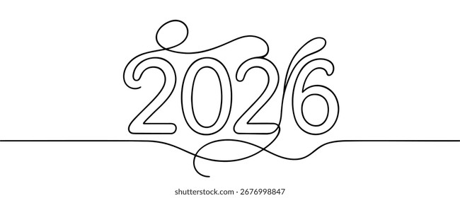 2026 en el estilo del año Nuevo de dibujos de una sola línea. Ilustración vectorial.