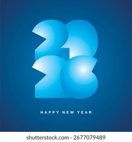 Diseño de número 2026 con logotipo de icono de estilo de diseño cuadrado de tipografía brillante azul claro gordo. Saludos de año nuevo 2026 sobre fondo aislado azul