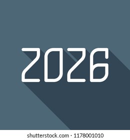 2026 number icon. Happy New Year. White flat icon with long shadow on background