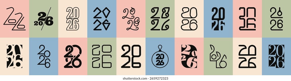 2026 numbers card template set. New Year logo text design. Collection holiday digit. Vector illustration with colorful labels for card banner poster calendar. Print and web retro color numeral symbol