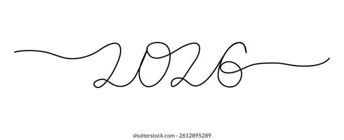 2026 numbers in one line art drawing text. Typography for Happy New Year greeting cards, banner, poster. Handwritten modern black continuous editable stroke lettering