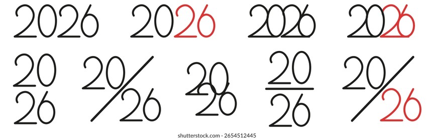 2026 Números fijados. Ilustración vectorial de dibujado a mano 2026 año nuevo Números colección aislado fondo transparente. Diseño de Plantilla simple perfecto 2026 para la cubierta del cartel de la tarjeta de felicitación del Anuncio de vacaciones.