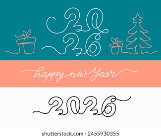 2026 one continuous line banner template. New Year symbol. Minimal banner with editable stroke. Set of 2026 continuous one line. Vector illustration isolated on white background.