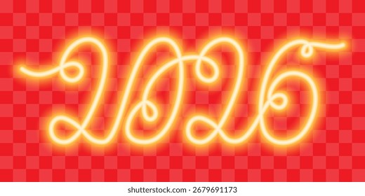 2026 Eine durchgehende Linie Neon glühende Zahlen Neujahr oder Weihnachten Gruß festliches Design Element