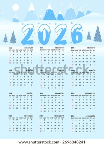2026 one-page calendar template with a winter snow and mountain theme Winter, Autumn, and Summer. Perfect for kids' rooms, classroom posters