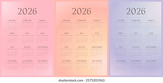 2026 Pastel Gradient Calendar Set, Elegant One Page Annual Design, Minimal and Aesthetic Templates, Printable and Editable for Home or Office