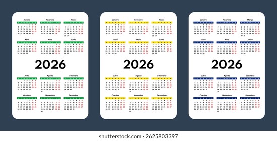 2026 pocket calendar set, simple vertical calendar design template, portuguese language month names, two weekends, monday first