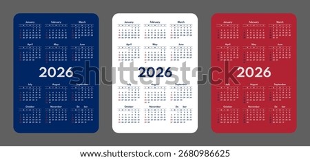 2026 pocket calendar set, simple vertical calendar design template, english language month names, one weekend, sunday first, united states flag colors
