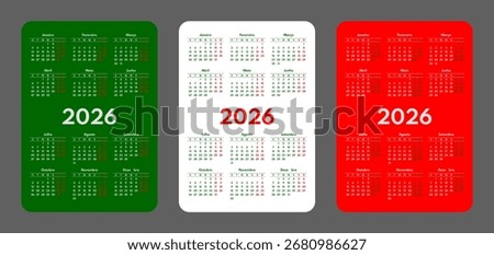 2026 pocket calendar set, simple vertical calendar design template, portuguese language month names, two weekends, monday first, portugal flag colors