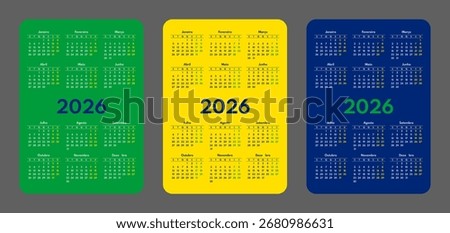 2026 pocket calendar set, simple vertical calendar design template, portuguese language month names, two weekends, monday first, brazil flag colors