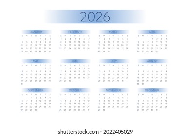 2026 pocket calendar template in strict minimalistic style with blue gradient elements, horizontal format. Week starts on Sunday