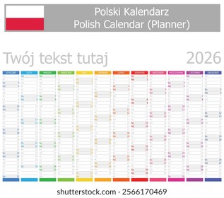 2026 Polish Planner Calendar with Vertical Months on white background