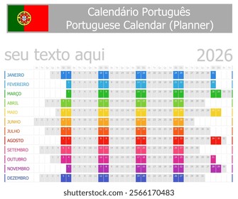 2026 Portuguese Planner Calendar with Horizontal Months on white background