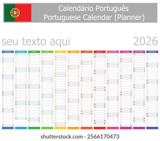 2026 Portuguese Planner Calendar Vertical Months on white background