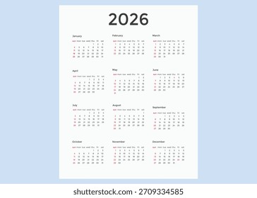 Calendário de parede imprimível de 2026 e planejador de produtividade final. Modelo de Calendário Mensal Minimalista 2026