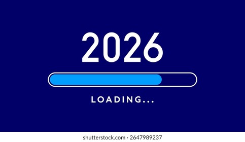 Barra de progreso 2026, cartel azul de cuenta regresiva de carga del año Nuevo
