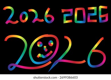 2026 Regenbogen-Farbverlauf-Typografie - Farbige abstrakte Zahlen Design mit Smiley-Gesicht, Neon Line Art, Moderner Feier-Hintergrund