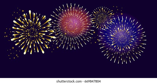 2026 Realistic festive patterned firework bursting in various shapes sparkling burst sparkles shiny stars against night background, abstract isolated fireworks song festival National Holiday celebrate New Year congratulations vector template festive banner wallpaper sign journal planner book brochure cover headline layout