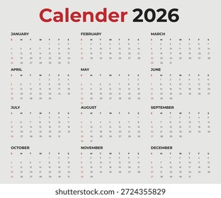 Ilustración de Plantilla de calendario anual de texto rojo y negro 2026 con páginas mensuales y diseño limpio para organizar