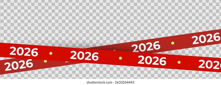 2026 red ribbon crossing. Festive holiday banner design for New Year graphics, ads, cards, web decoration, and digital layouts. Flat vector illustration.