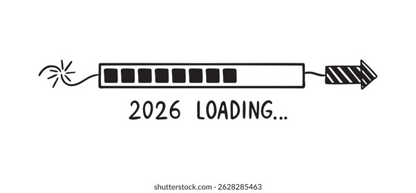 2026 rocket loading bar doodle hand drawn new year coming soon icon. download bar firecracker with pointed tip. Vector illustration
