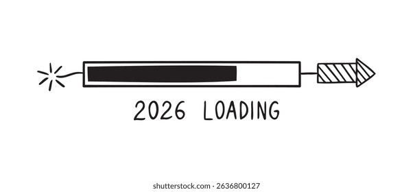 2026 rocket loading bar doodle hand drawn new year coming soon icon. download bar firecracker with pointed tip. Vector illustration