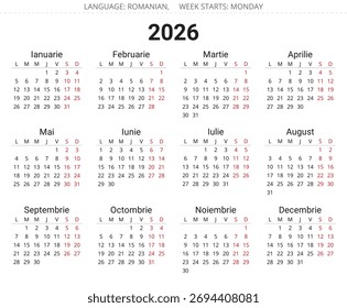 Calendario rumano de 2026. Ilustración de año simple de Vector para Moldavia y Rumania