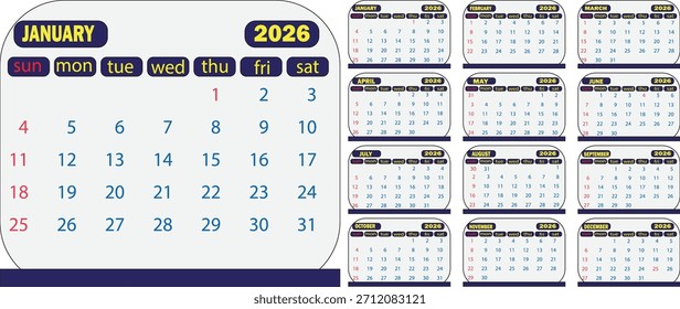Modelo de calendário arredondado 2026 - Planejador anual limpo moderno com layout mensal de canto macio, Projeto de cronograma de ano inteiro imprimível para planejamento e organização